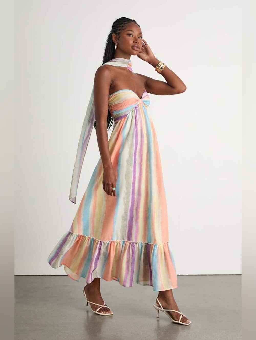 NWT Lulus Kelia Peach Multi Striped Midi Dress Vacay Ruffled Strapless Sz S